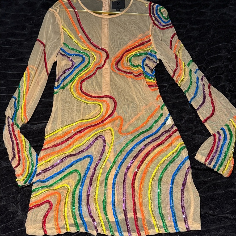 NBD Metallic Gold Mesh Rainbow Dress